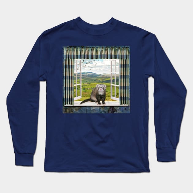 Back Home Ferret - Window Ferrets art Long Sleeve T-Shirt by BarbaraGlebska